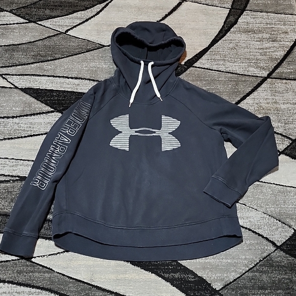 UNDER ARMOUR BLACK SILVER SHINE MOCK-NECK LOOSE-FIT FLEECE HOODIE SWEATSHIRT - Picture 1 of 14